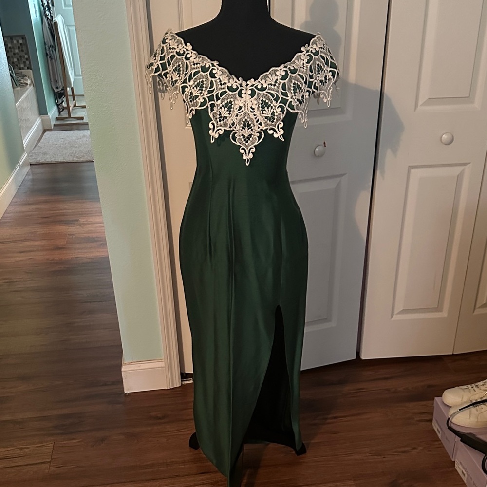 Antique Green and White Lace Prom Dress